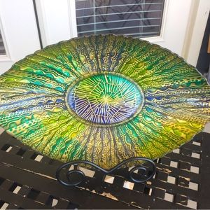 Large Peacock Blue Green Gold Decorative Glass Charger with Black Stand